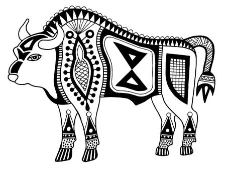 black and white original ethnic tribal bison drawing, authentic vector illustration isolated on white backgroundのイラスト素材