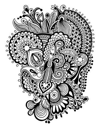 black and white zentangle line art flower drawing, graphic print for your design, vector illustrationのイラスト素材