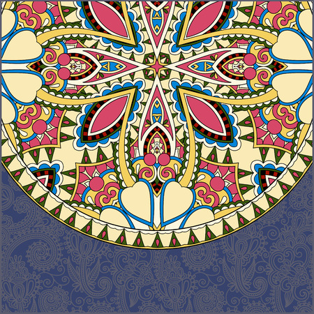 ornamental floral template with circle ethnic dish element, mandala design, kaleidoscopic floral pattern, vector illustration on dirty dark blue backgroundのイラスト素材