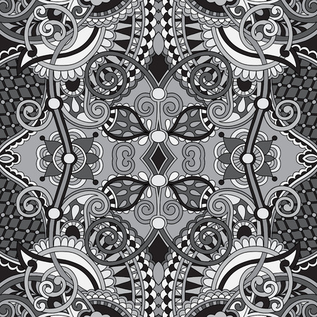grey authentic seamless floral geometric pattern, ethnic ukrainian carpet ornamental background, black and white vector illustrationのイラスト素材