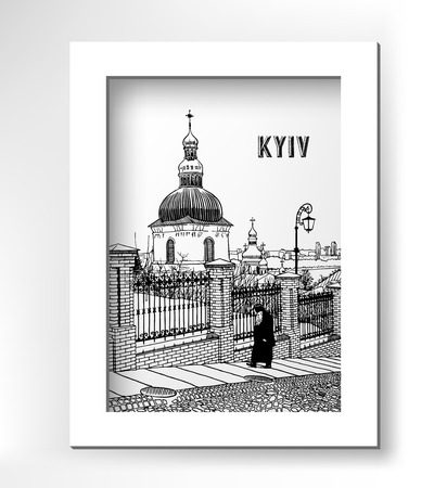 digital drawing of historical building landscape of ukrainian church with monk in Kyiv on white minimalistic frame, vector illustrationのイラスト素材