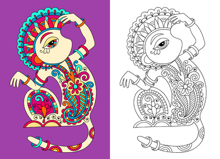 coloring book page for adults with unusual fantastic monkey in decorative Ukrainian karakoko style, vector illustrationのイラスト素材