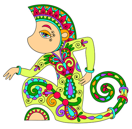 line art drawing of ethnic monkey in decorative ukrainian style, colored vector illustrationのイラスト素材
