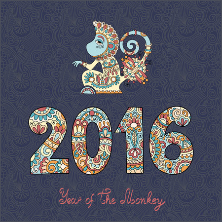 original design for new year celebration with decorative ape and inscription - 2016 Year of The Monkey - on ornamental dirty dark blue color background, vector illustrationのイラスト素材