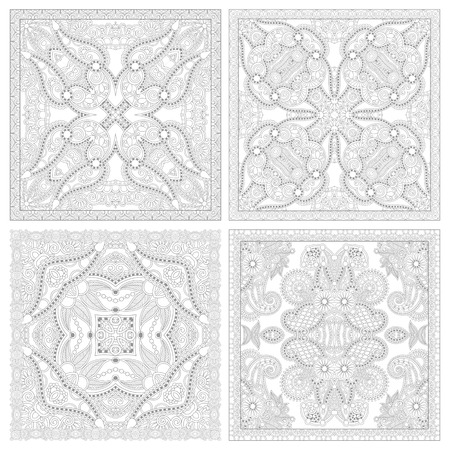 unique coloring book square page set for adults - floral authentic carpet design, joy to older children and adult colorists, who like line art and creation, vector illustrationのイラスト素材