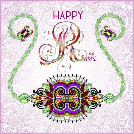 greeting card for indian festive sisters and brothers Raksha Bandhan with calligraphy inscription Happy Rakhi and original handmade bangle on floral background, vector illustrationのイラスト素材