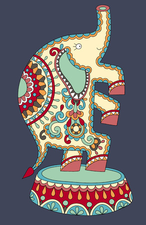 decorative ethnic colored drawing of circus theme - elephant performance on dark blue background, vector illustrationのイラスト素材