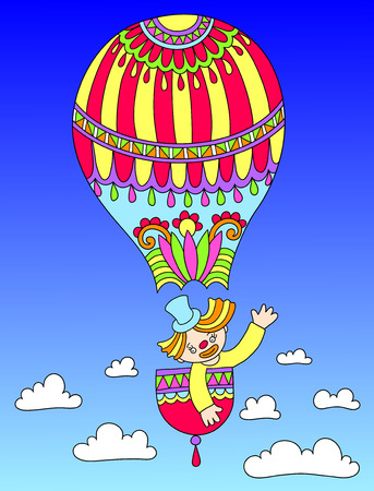 colored line art drawing of circus theme - clown in a balloon, vector illustrationのイラスト素材