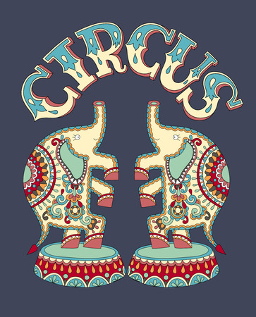 decorative colored poster template with inscription CIRCUS and two elephants performance on dark blue background, vector illustrationのイラスト素材