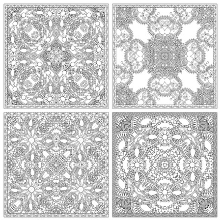 set of unique coloring book square page for adults - floral authentic carpet design, joy to older children and adult colorists, who like line art and creation, vector illustrationのイラスト素材