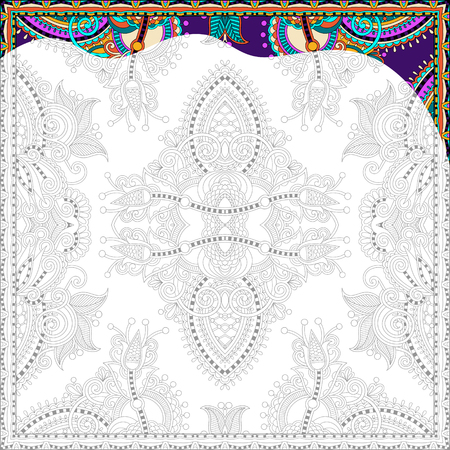 unique coloring book square page for adults - floral authentic carpet design, joy to older children and adult colorists, who like line art and creation, vector illustrationのイラスト素材