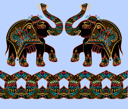 ethnic folk art indian elephant, vector dot painting illustrationのイラスト素材