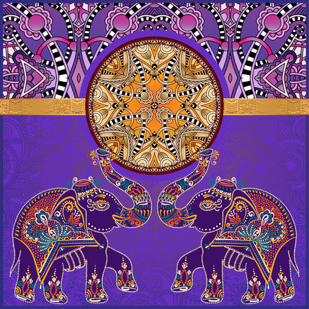 original indian pattern with two elephants for invitation, cover design, fabric pattern or page decoration, ethnic border on vintage flower background, vector illustrationのイラスト素材