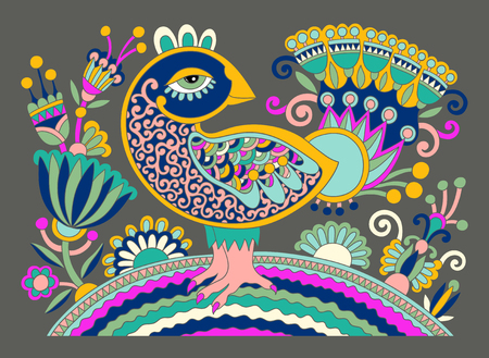 original ukrainian hand drawn ethnic decorative pattern with bird and flowers for fabric print or embroidery design, folk vector illustrationのイラスト素材