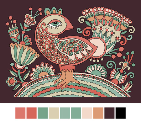 original retro cartoon chicken drawing, symbol of 2017 new year of the rooster in karakoko style, vector illustrationのイラスト素材