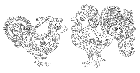 original black and white line art rooster drawing, page of coloring book bird joy to older children and adult colorists, who like line art and creation, vector illustrationのイラスト素材