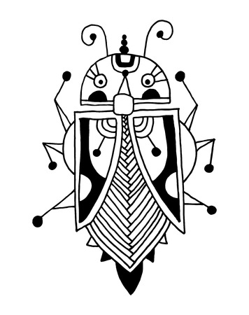 black and white handmade liner drawing of ethnic beetle in flat style, line art design, modern sketch insect vector illustrationのイラスト素材