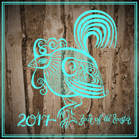 original design for new year celebration chinese zodiac signs with decorative rooster, calligraphy folk vector illustration with hand written lettering inscription 2017 year of the roosterのイラスト素材