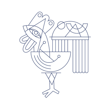 original flat line art drawing of geometric rooster, vector illustrationのイラスト素材