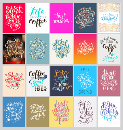 set of calligraphy posters with hand lettering motivational and congratulation phrase for print or web, typography collection vector illustrationのイラスト素材