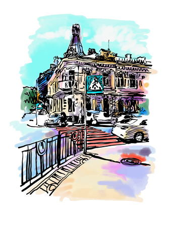 original digital sketch watercolor of Kyiv, Ukraine town landscape, pleinair drawing, vector illustrationのイラスト素材