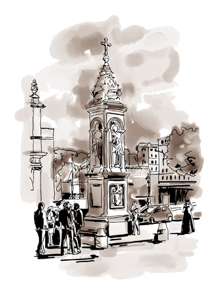 original freehand sepia watercolor travel card from Rome Italy, old italian imperial building with people walking, travel book vector illustrationのイラスト素材