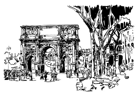 original black and white sketch digital drawing Rome Italy landmark - arch of Konstantine (Arco Constantino) with trees and travel people, vector illustrationのイラスト素材