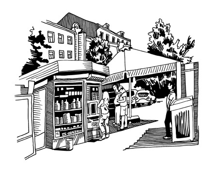 original black and white digital sketch of street cafe with people in center Kyiv, Ukraine town landscape, pleinair drawing, vector illustrationのイラスト素材