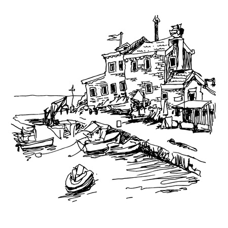 black and white sketch drawing of historical fort Petrovac Montenegro, travel vector illustrationのイラスト素材