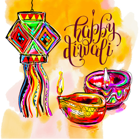 Happy Diwali watercolor greeting card to indian fire festival with lettering inscription, illustrationのイラスト素材