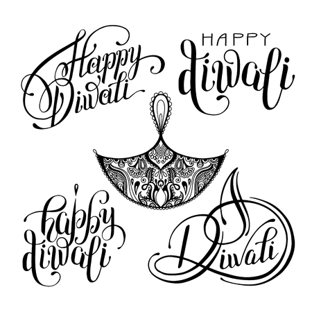 set of black and white hand drawing design element lettering inscription for Diwali celebration - indian fire festival collection, vector illustrationのイラスト素材