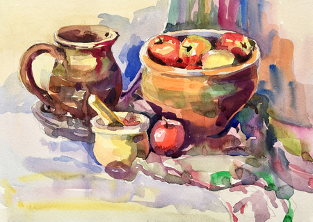 watercolor painting of still life with vintage tableware, apples, jug, mill and bowl, aquarelle sketch illustrationの写真素材