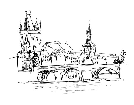 black and white ink sketch line drawing of Prague old town top cityscape, Czech republic,  vector illustrationのイラスト素材