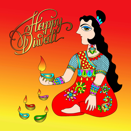 Happy Diwali greeting card with hand written inscription to indian light community festival, vector illustrationのイラスト素材