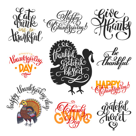 set of hand lettering inscriptions to thanksgiving day collection for greeting card, print, poster, flayer and other holiday design, calligraphy illustrationのイラスト素材