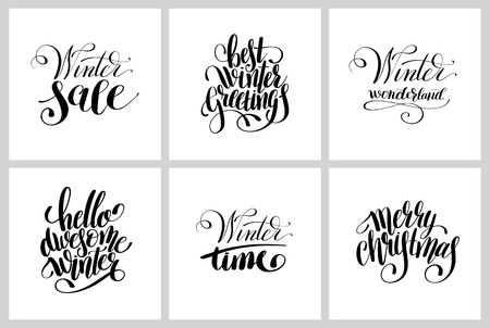 set of winter black and white lettering inscription holiday christmas phrase, typography collection with brush script, calligraphy illustrationのイラスト素材