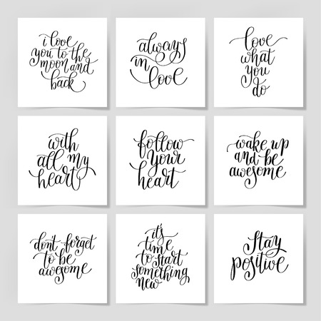 9 handwritten lettering positive quote set on blank sheets of white paper with the shadow collection for design, poster, printable wall art, greeting card and other, calligraphy illustrationのイラスト素材