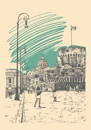 original hand drawing of cityscape with fortress of Sant Angelo in Rome, Italy, illustrationのイラスト素材
