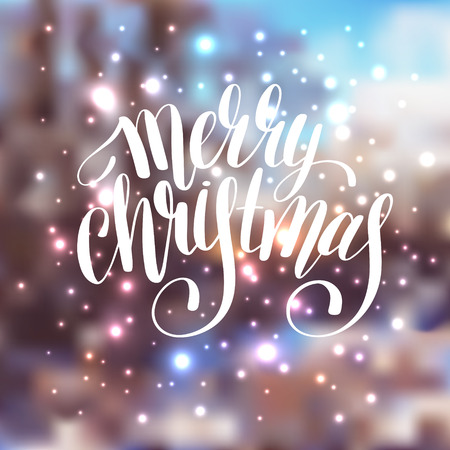 hand lettering written merry christmas holiday quote on blur landscape background with lighten effect, typography banner with brush script, greeting cardのイラスト素材