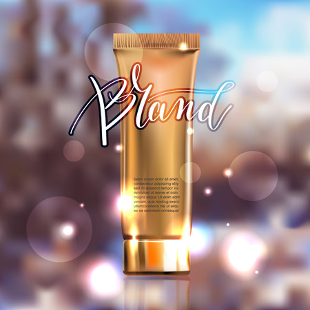 toner contained in plastic tube with gold lid and place for your brand name text for ads or magazine banner of cosmetics, cream, ointment, lotion, 3D vector illustration eps 10のイラスト素材