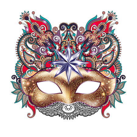3d gold venetian carnival mask silhouette with ornamental featheのイラスト素材