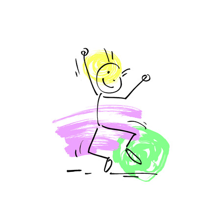 hand drawing sketch doodle human stick figure cheerful person on paint colored spot background, vector illustrationのイラスト素材
