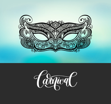 black lineart venetian carnival mask silhouette on blured backgrのイラスト素材