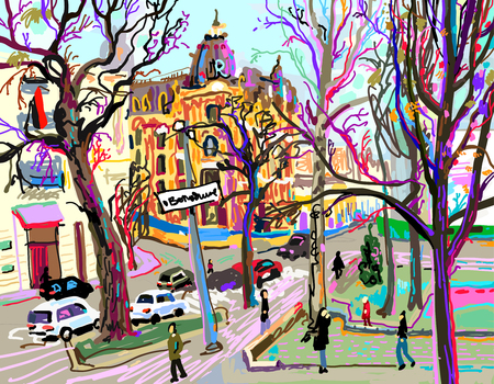 digital plein air painting of Kiev street cityscape in springのイラスト素材