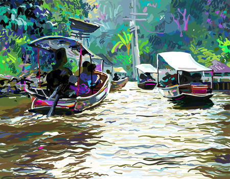 digital painting of Thailand river, plein air contemporary artのイラスト素材