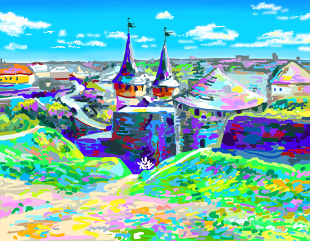 painting of old medieval castle in Kamenetz-Podolskyのイラスト素材