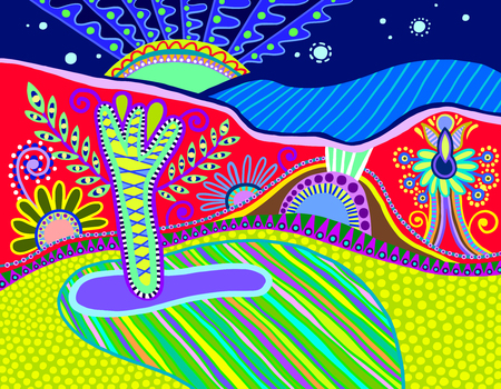 landscape with flower and blue moonのイラスト素材