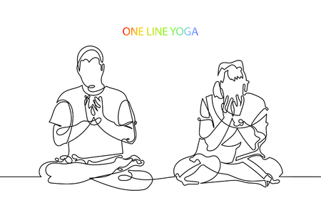 Man and woman meditate in lotus position, line art vectorのイラスト素材