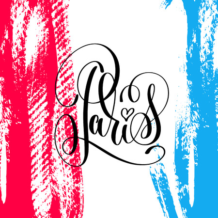 Paris hand lettering inscription on brush stroke background in national colors of flag France, black ink calligraphy vector illustrationのイラスト素材