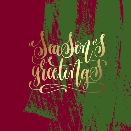 Seasons greetings - gold hand lettering on green and purpleのイラスト素材